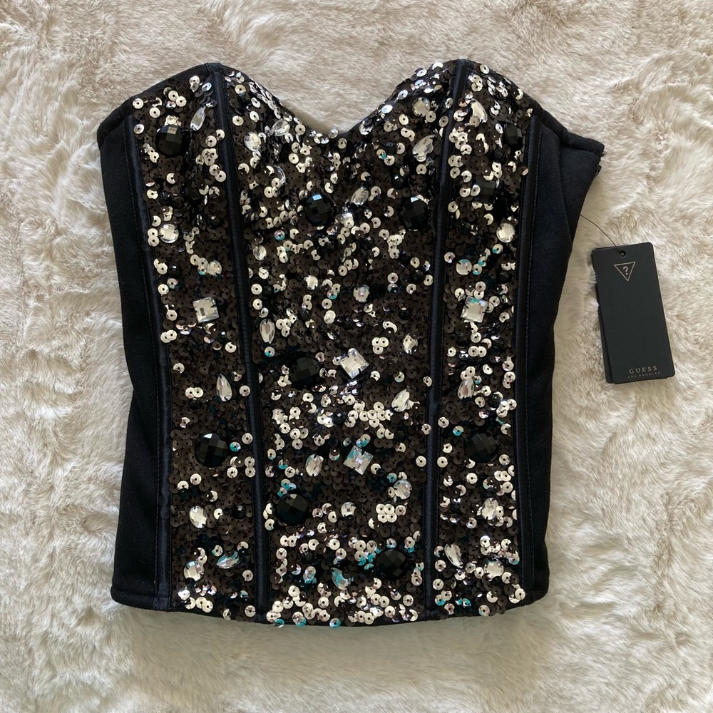 Guess Strapless Corset with Black & Silver Rhinestones & Sequins, Extra Small XS